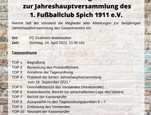 Einladung  zur Jahreshauptversammlung des 1. Fußballclub Spich 1911 e.V.